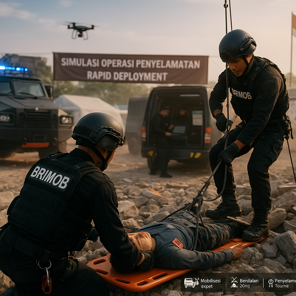 Simulasi Operasi Penyelamatan Korban Bencana oleh Brimob dengan Teknik Rapid Deployment
