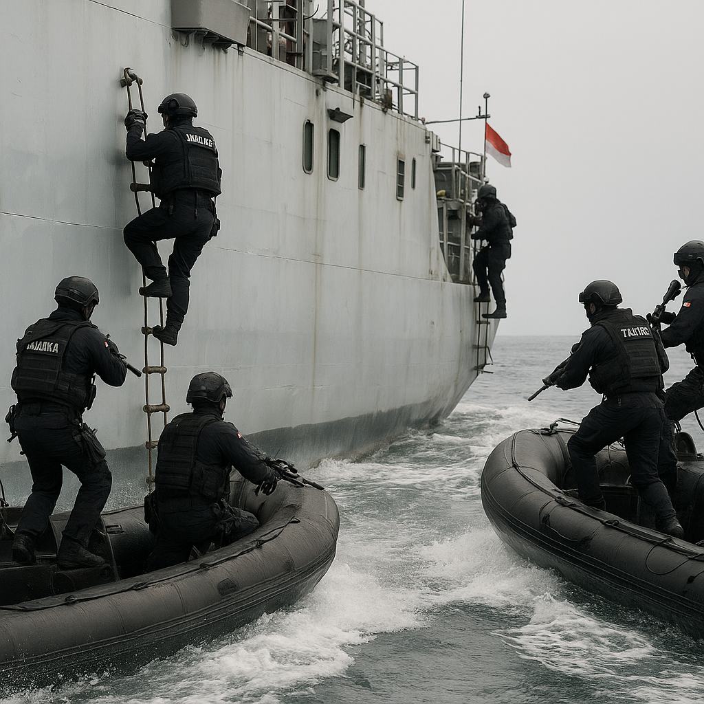 Denjaka dan Taifib Latih Teknik Visit, Board, Search, and Seizure (VBSS) di Kapal Bergerak