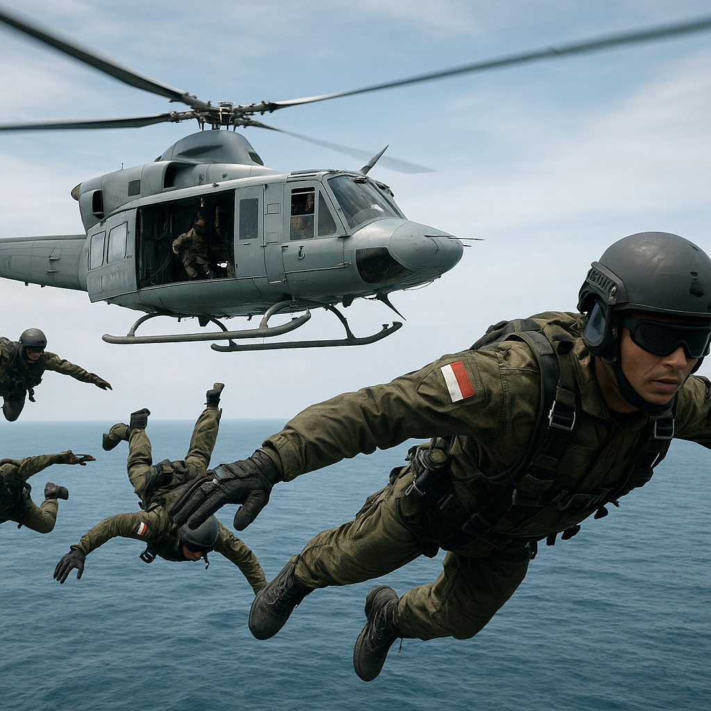 Aksi Belasan Personel Kopaska dan PASKAL Malaysia Terjun Payung dari Helikopter Bell TNI AL