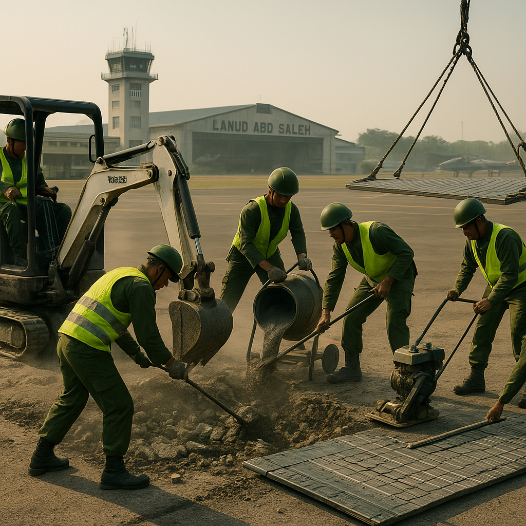 Batalyon Zeni TNI AD Latih Metode Rapid Runway Repair di Lanud Abd Saleh
