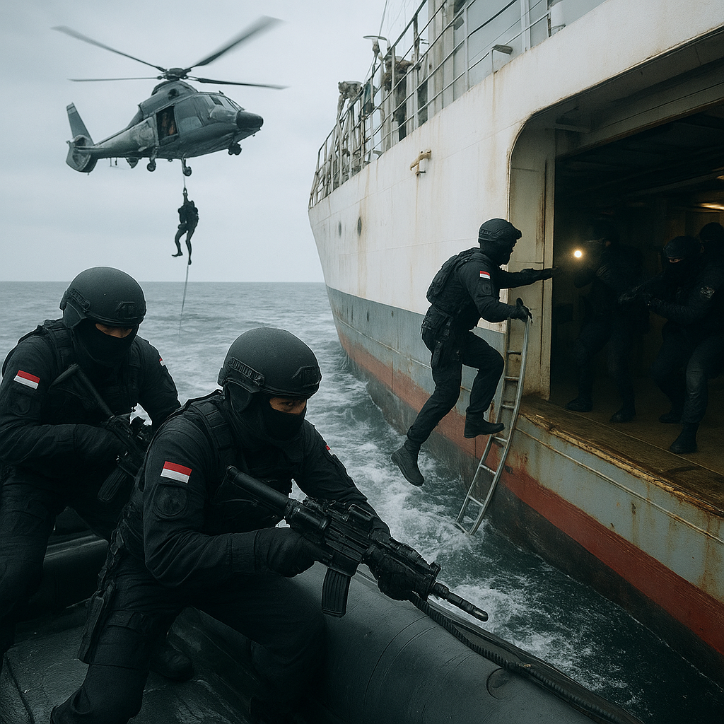 Denjaka Latih Teknik VBSS (Visit, Board, Search, and Seizure) di Kapal Bergerak