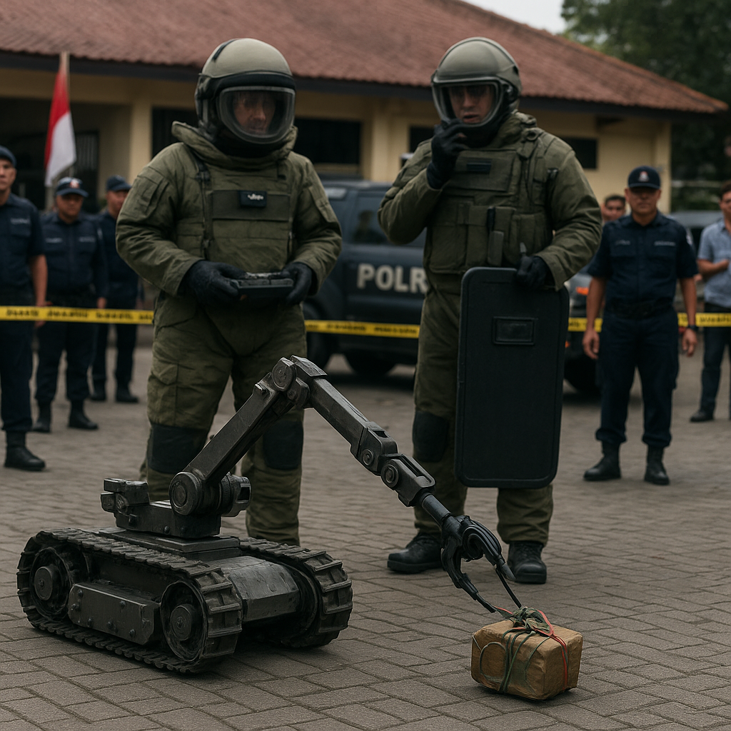 Brimob Polri Latihan Penanganan Ancaman Bom dengan Robot EOD dan Alat Pelindung Khusus