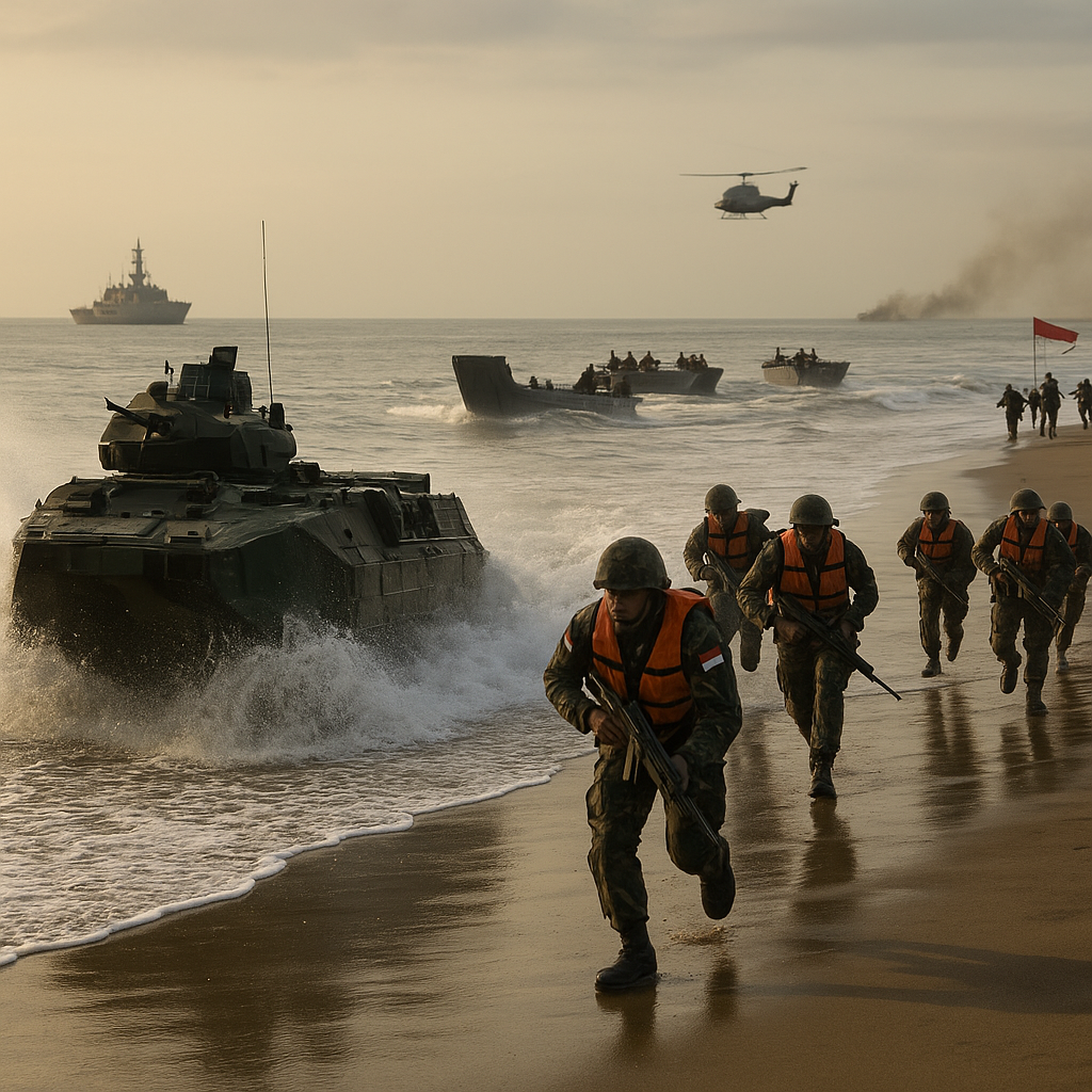 Marinir TNI AL Latihan Pendaratan Amfibi dengan KRI dan Kendaraan Amfibi di Pantai Jawa