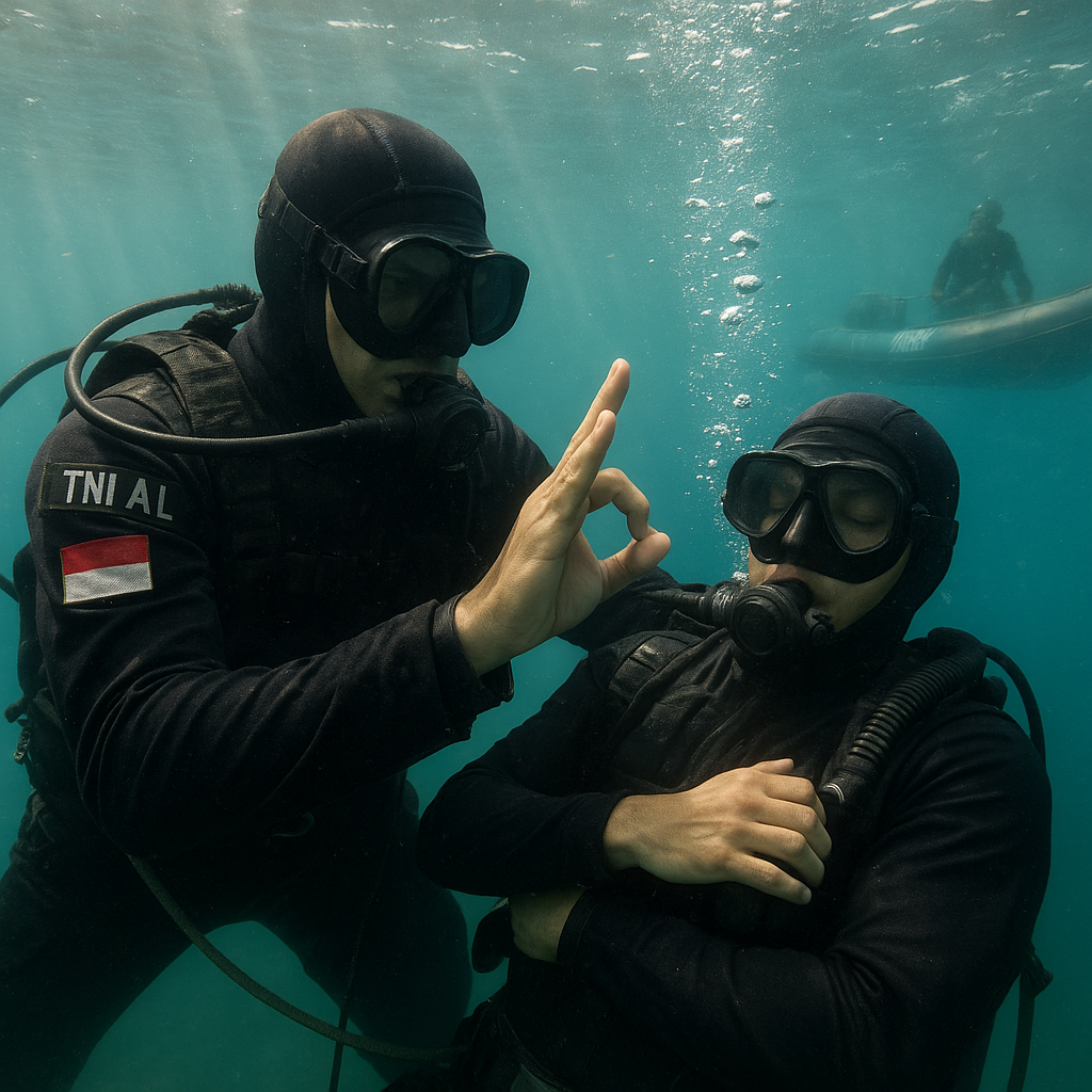 Latihan Diving Unit TNI AL: Prosedur Penyelamatan Rekan yang Mengalami Gangguan di Bawah Air