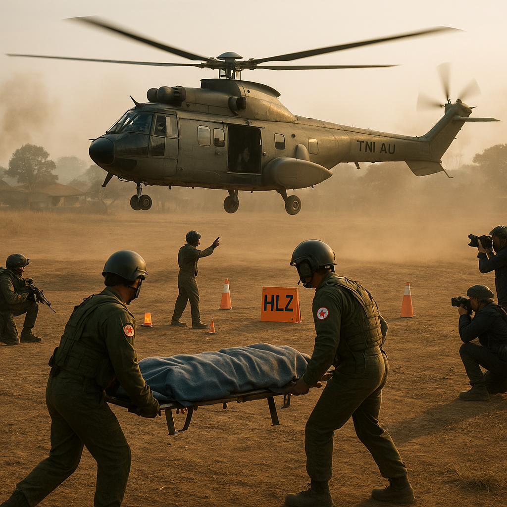 Simulasi MedEvac TNI AU dengan Helikopter: Prosedur HLZ Setup dan Casualty Extraction di Zona Konflik