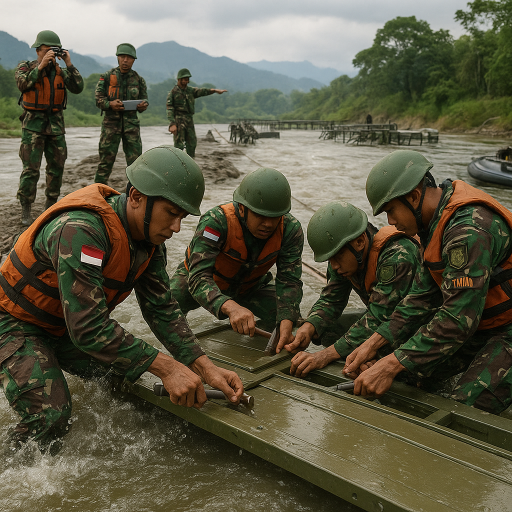 Batalyon Zeni TNI AD Latih Pembangunan Jembatan Taktis di Arus Deras Sungai Citarum