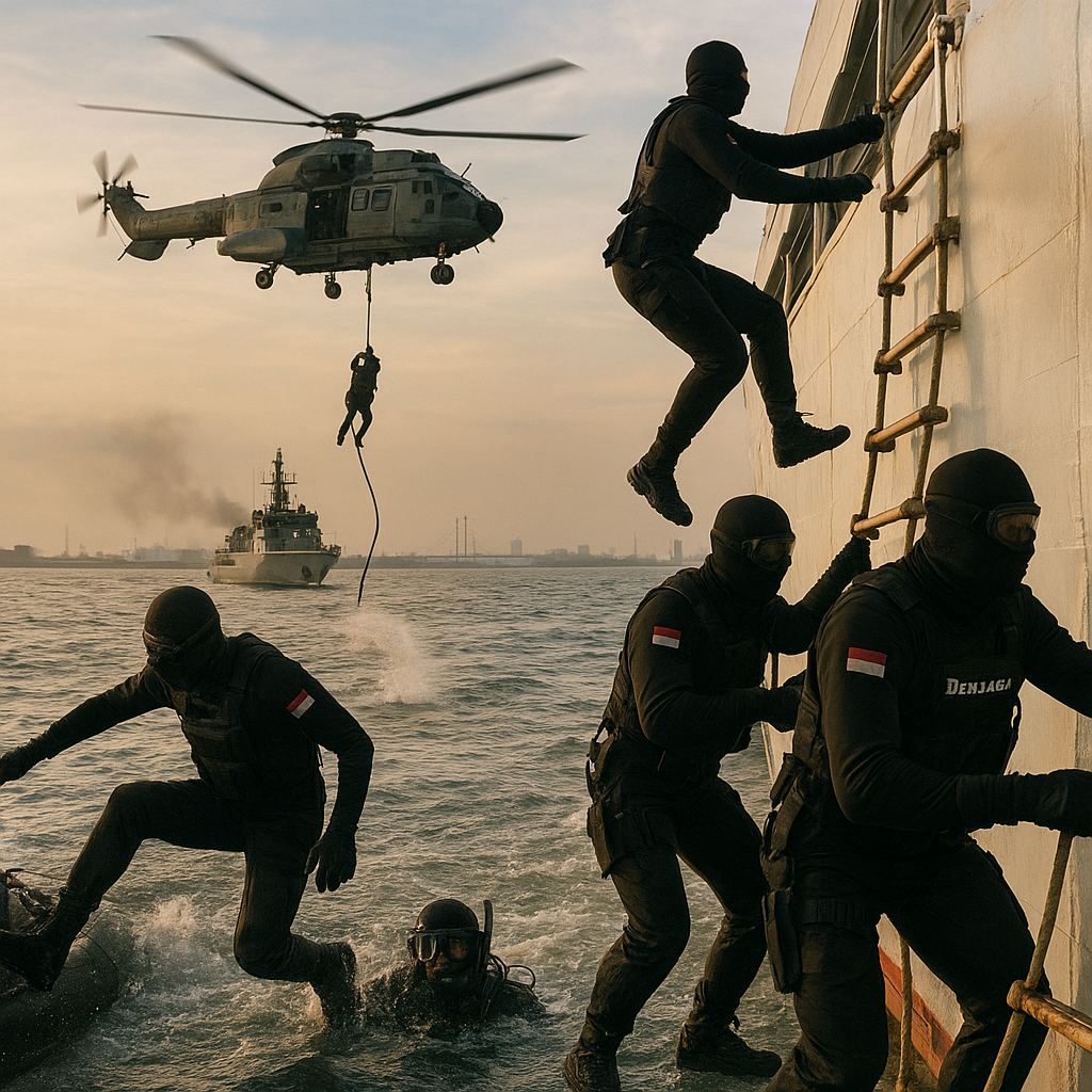 Denjaka Latihan Pembebasan Sandera Kapal di Perairan Surabaya