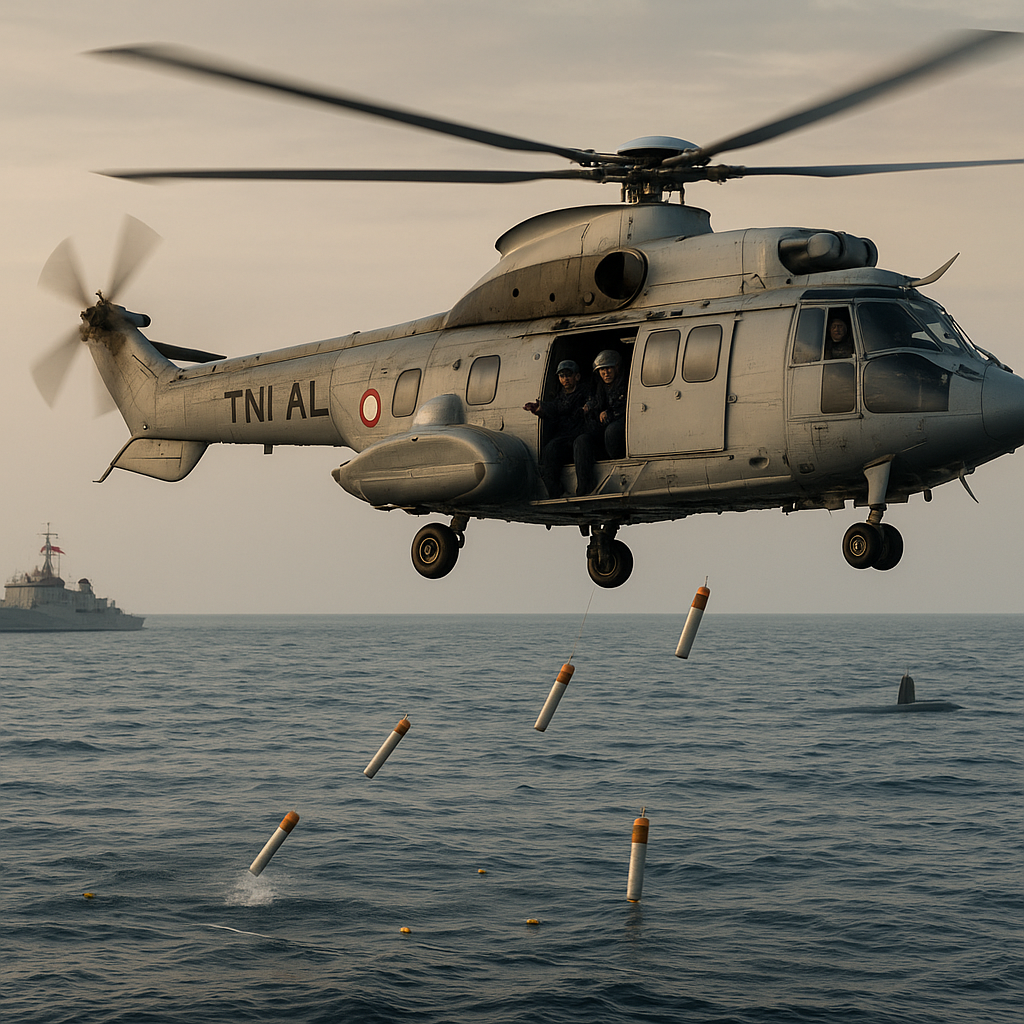 Simulasi Penangkalan Kapal Selam dengan Helikopter Anti Kapal Selam TNI AL