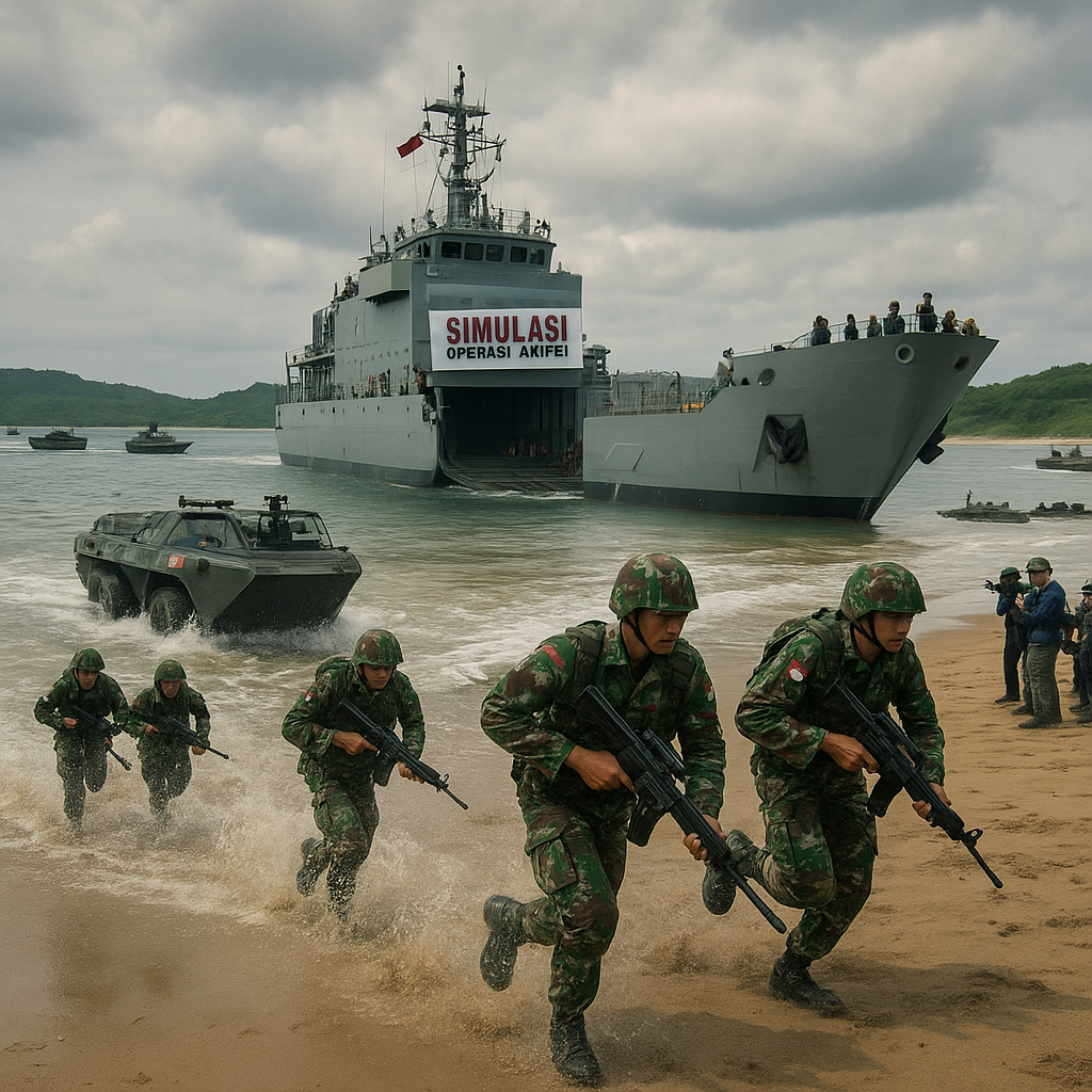 Simulasi Operasi Amphibi TNI AL: Tahapan Pendaratan Pasukan Marinir dari KRI Tanjung Dalpele ke Pantai