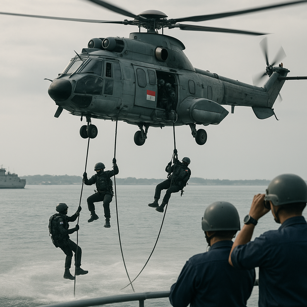 Denjaka Latihan Insertion dan Extraction dengan Metode Fast Rope dan SPIE dari Helikopter Super Puma