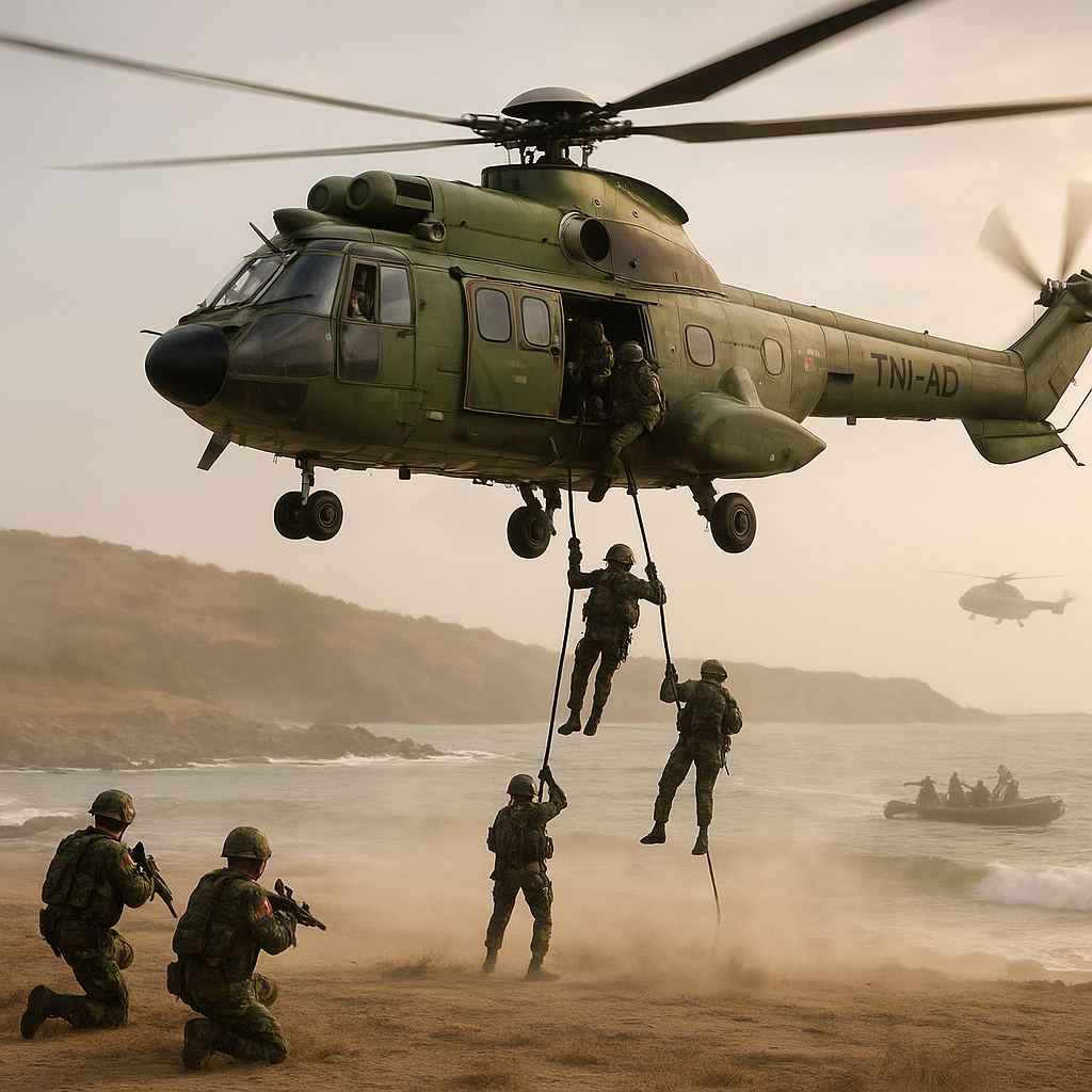 Penerbad Gelar Latihan Air Assault dengan Helikopter Super Puma di Perbatasan