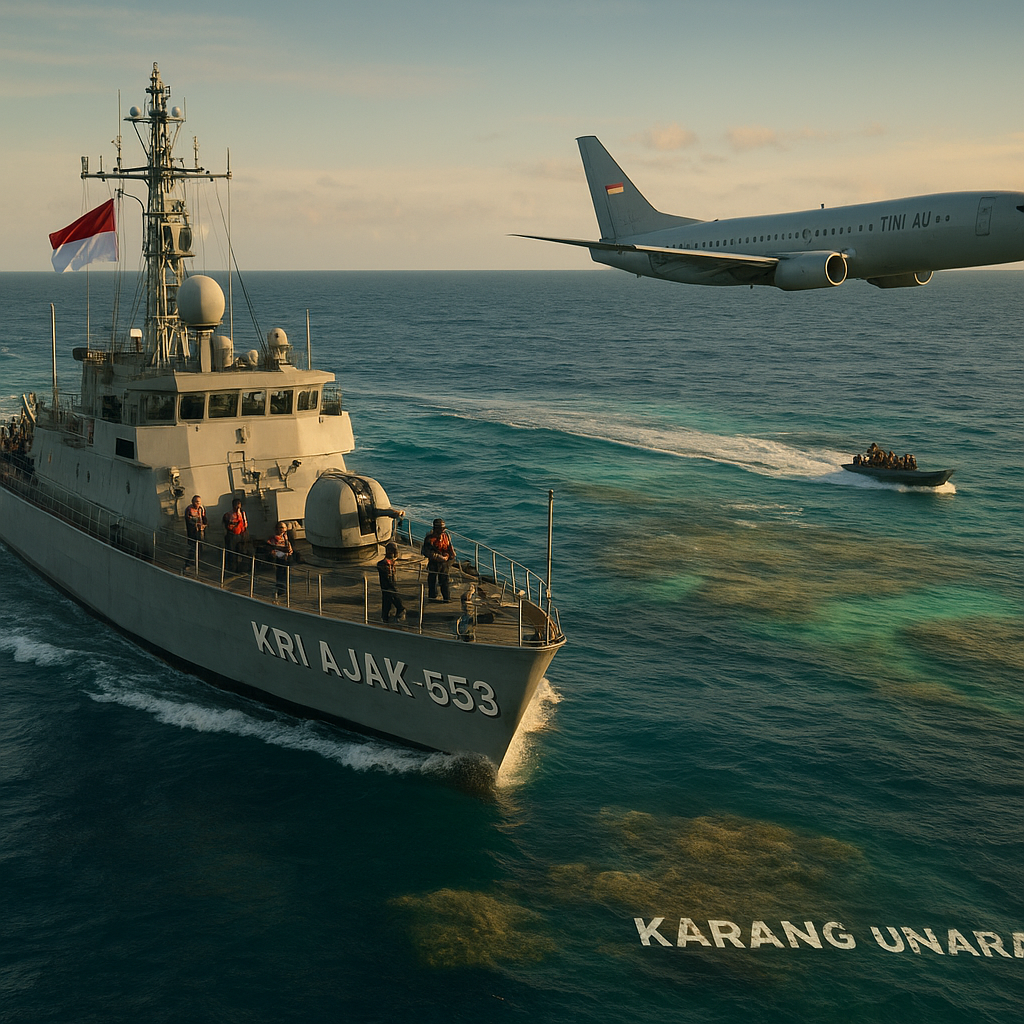 Kapal Perang KRI Ajak-653 dan Boeing TNI AU 'Kepung' Perairan Karang Unarang