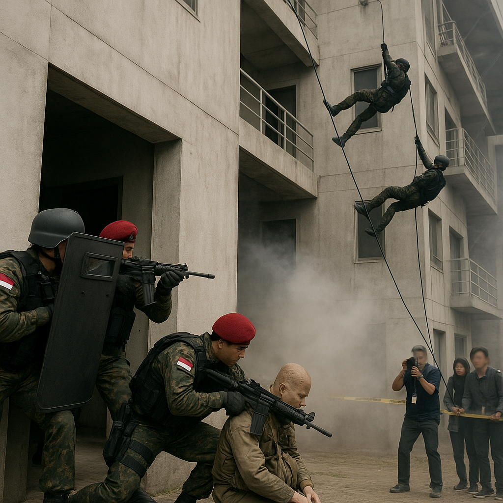 Kopassus Gelar Latihan Pembebasan Sandera di Kompleks Gedung dengan Teknik CQB dan Rappelling