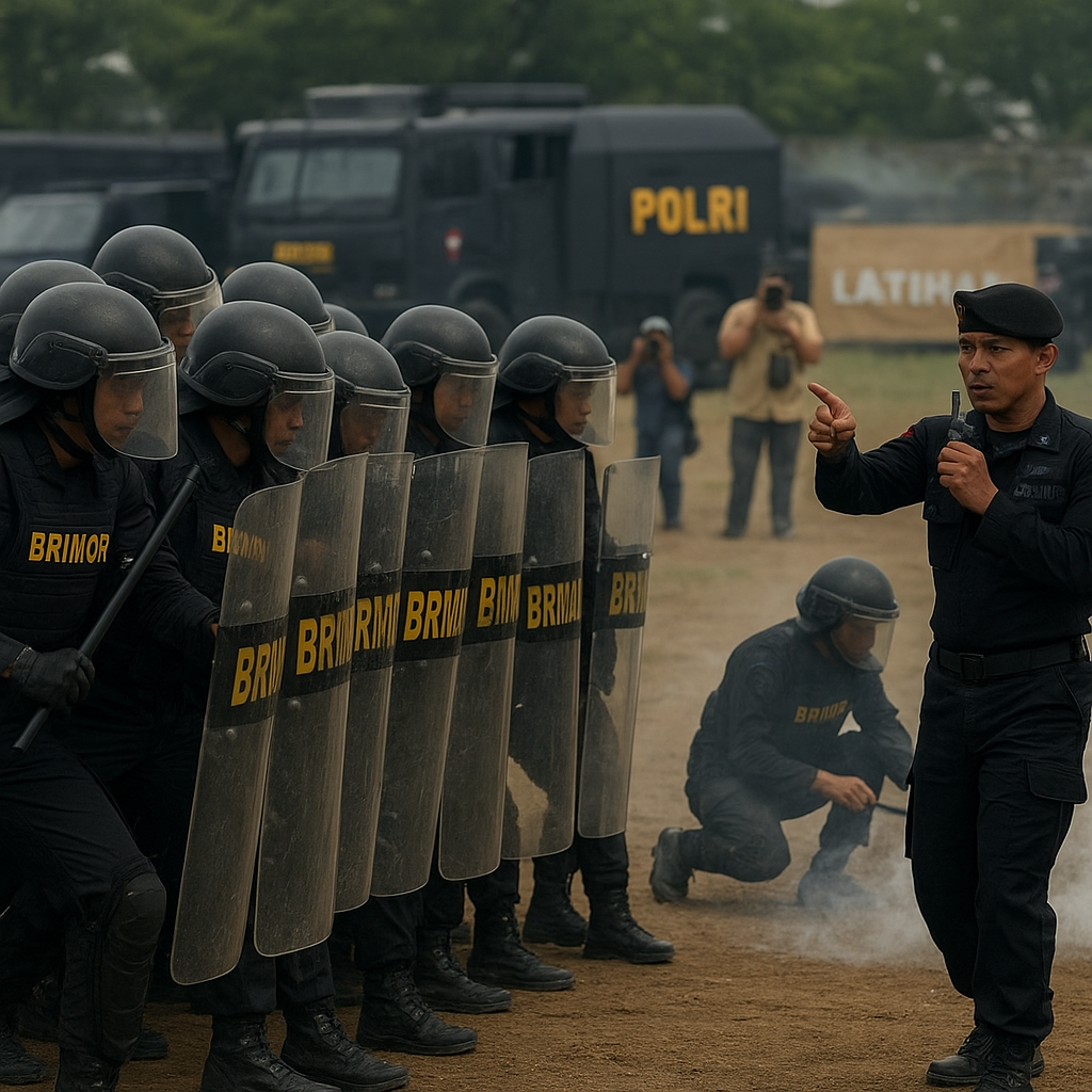 Satuan Brimob Pelopor Latih Penanganan Kerusuhan Massa dengan Formasi Phalanx dan Teknik Dispersi