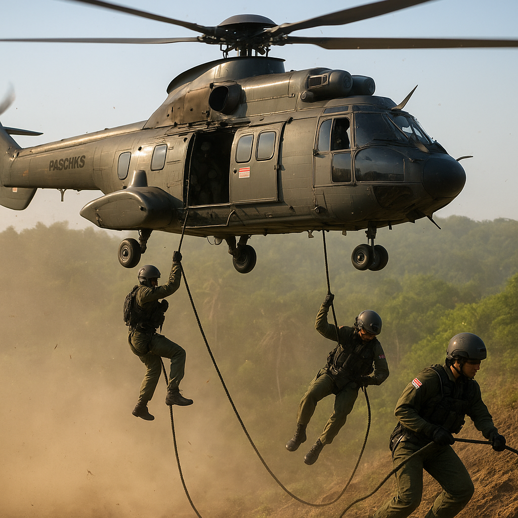 Paskhas AU Latih Teknik Air Assault dan Fast Roping dari Helikopter Super Puma
