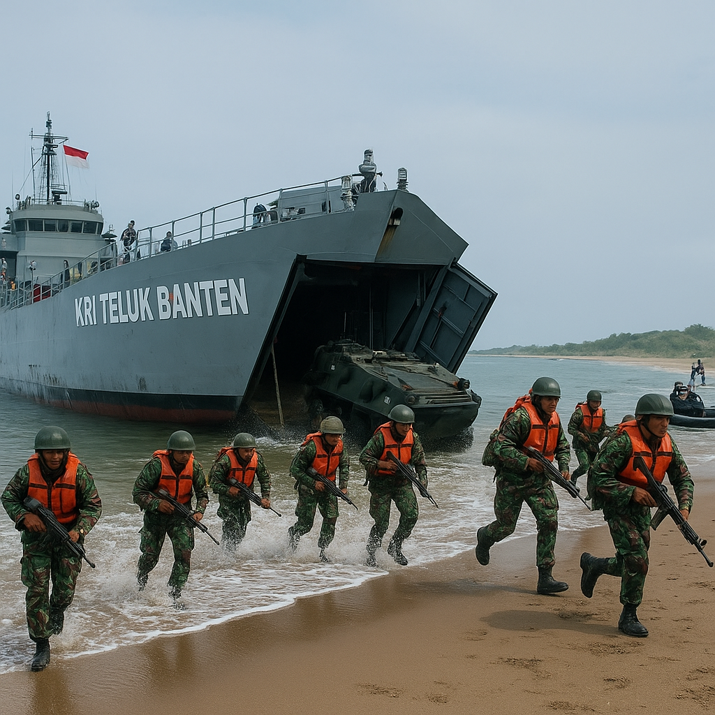 Simulasi Operasi Amfibi TNI AL: Pendaratan Pasukan dengan LST di Pantai Lampung
