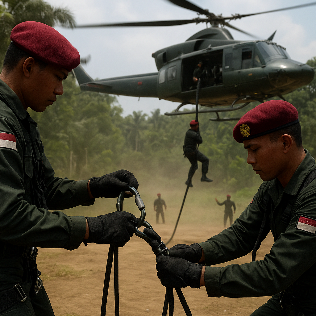 Latihan Heliborne Kopassus: Prosedur Fast Rope dan Pendaratan Tepat di Area Sempit