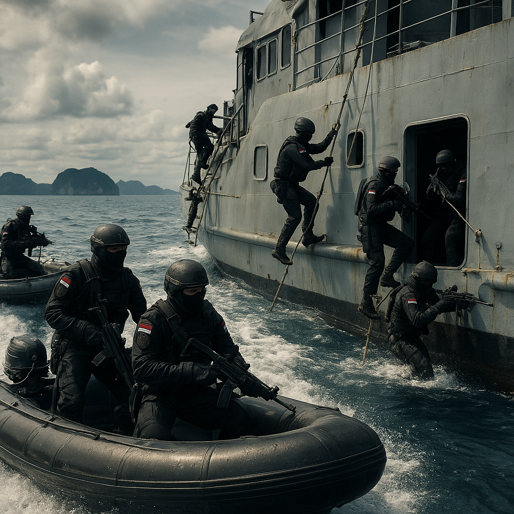 Simulasi Penangkapan Kapal oleh Denjaka TNI AL di Perairan Natuna