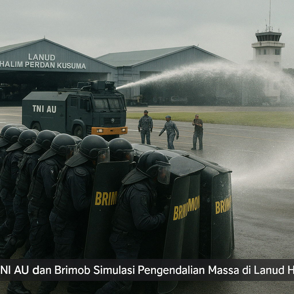 TNI AU dan Brimob Simulasi Pengendalian Massa di Lanud Halim: Formasi Barracuda dan Water Cannon