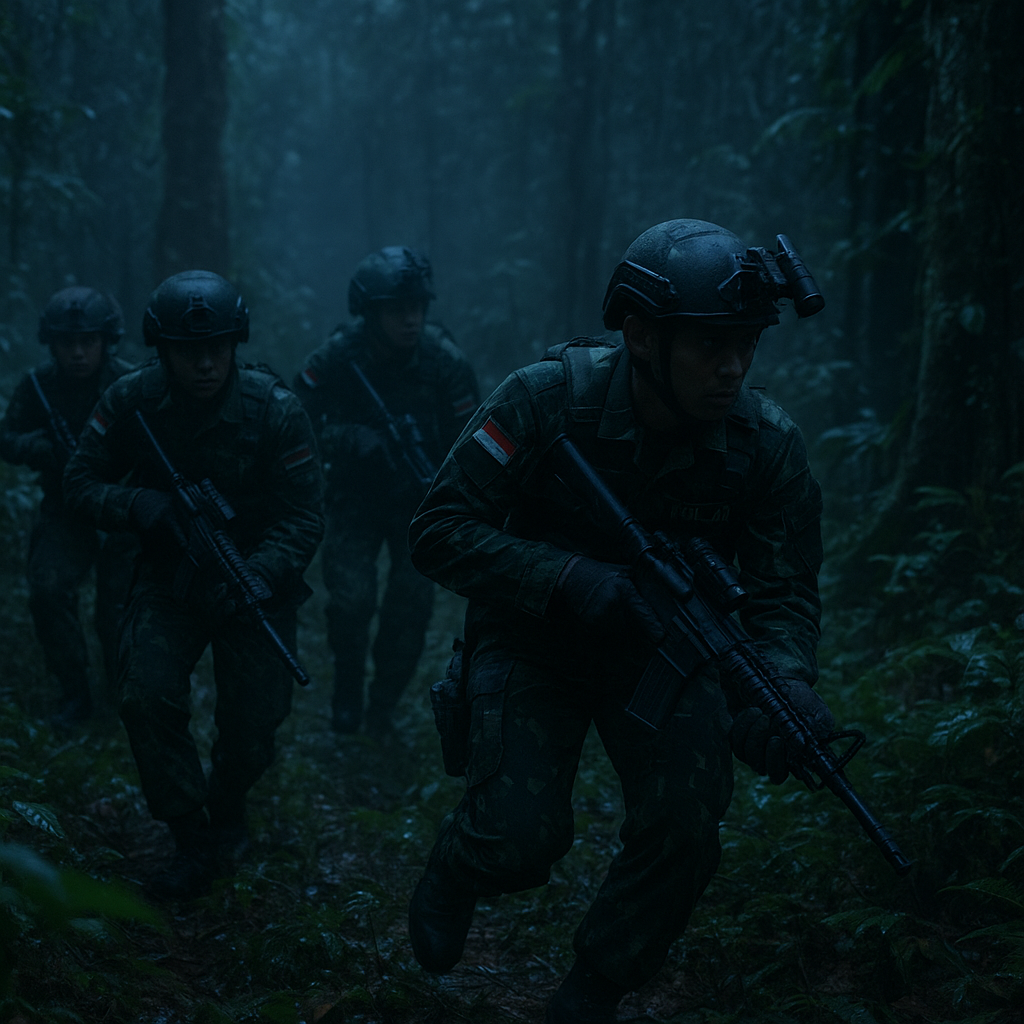 TNI AD Latihan Taktik Infiltrasi Malam Hari di Hutan Tropis