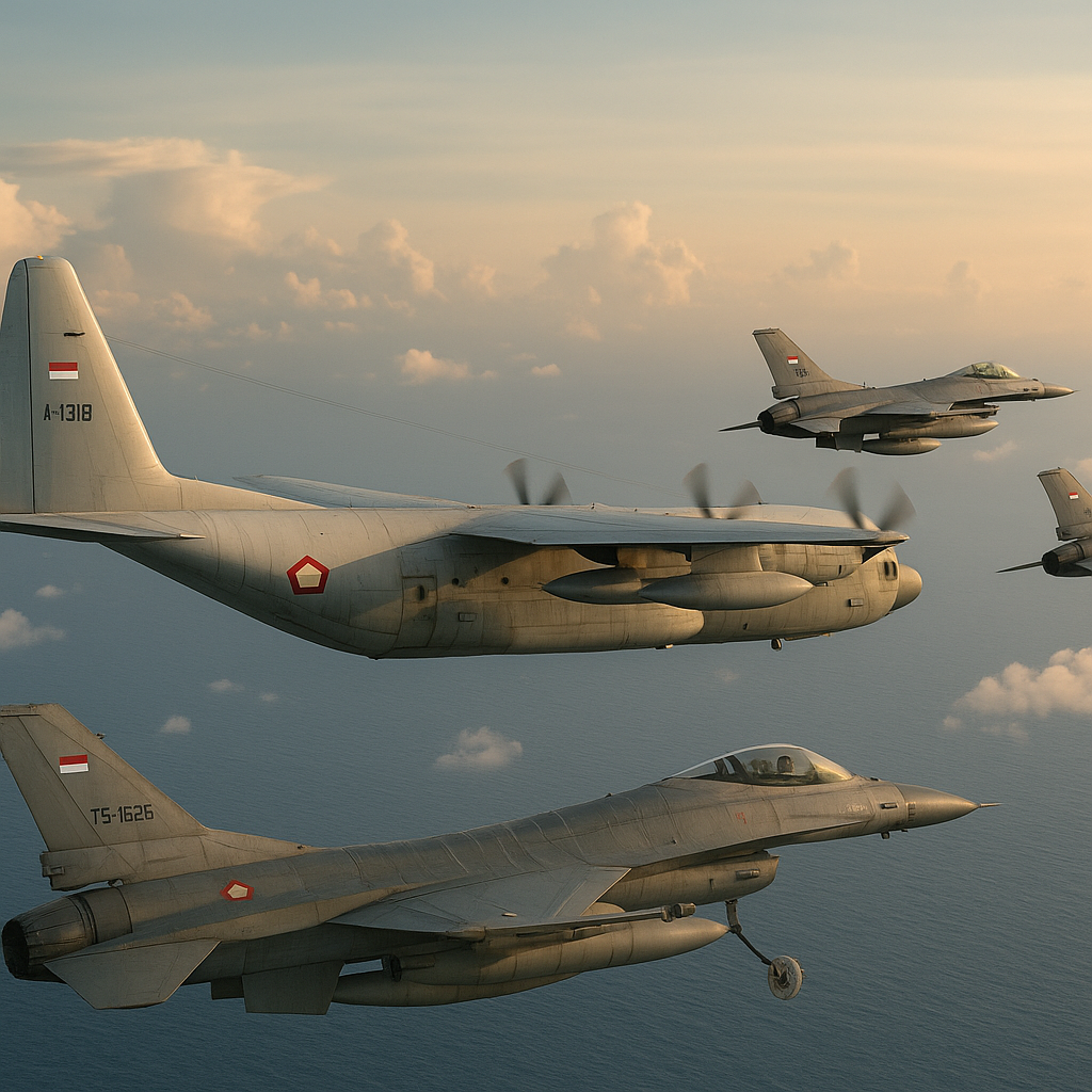 TNI AU Uji Coba Manuver Aerial Refueling antara KC-130B dan F-16 Fighting Falcon