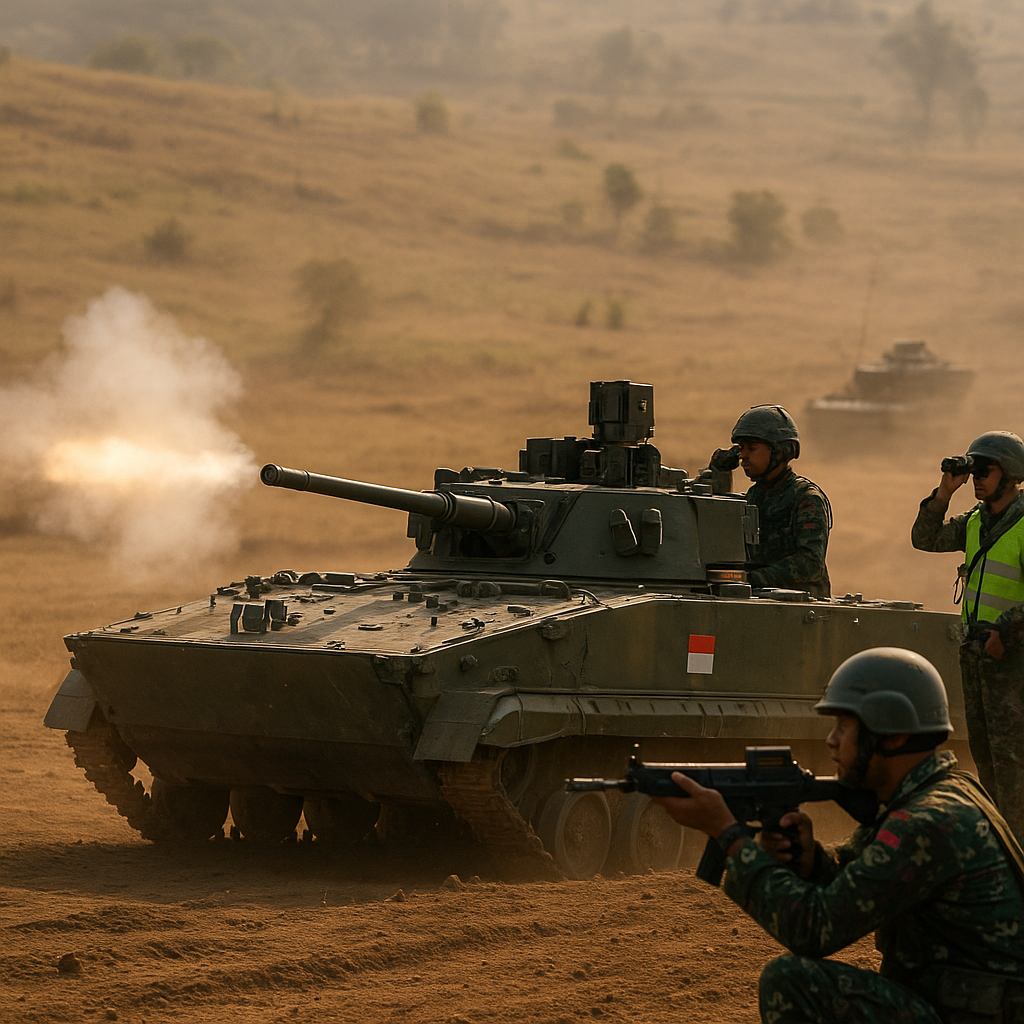 Latihan Menembak Tank BMP-3F dengan Teknik Hull-Down di Pussenif Bandung
