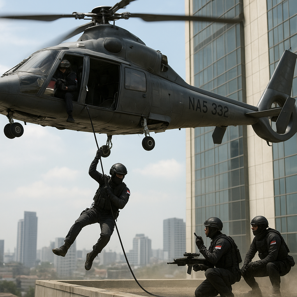 Satuan Bravo 90 Paskhas Latihan Penembak Jitu dari Helikopter dalam Simulasi Anti-Teror