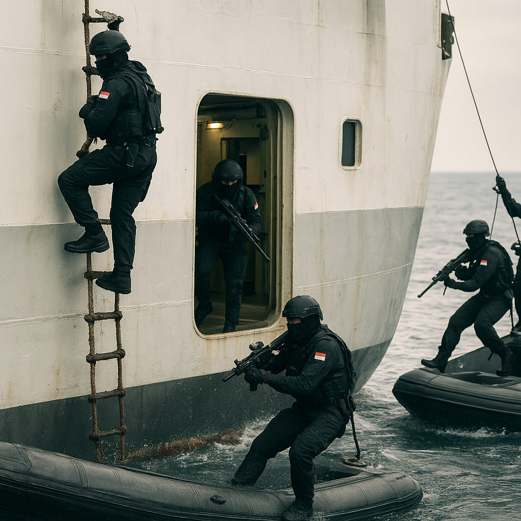 Denjaka Latih Teknik VBSS Lanjut di Kapal Berangkat, Fokus pada Tactical Boarding dan Hold Clearing