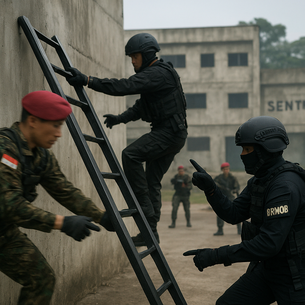 Kopassus Bedah Taktik Urban Assault Menggunakan Stealth Ladder di Latihan Bersama dengan Brimob