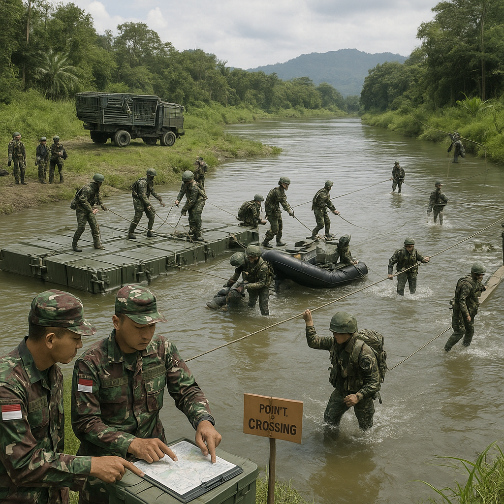 Simulasi Latihan Crossing River Dengan Pasukan Dan Peralatan Lengkap