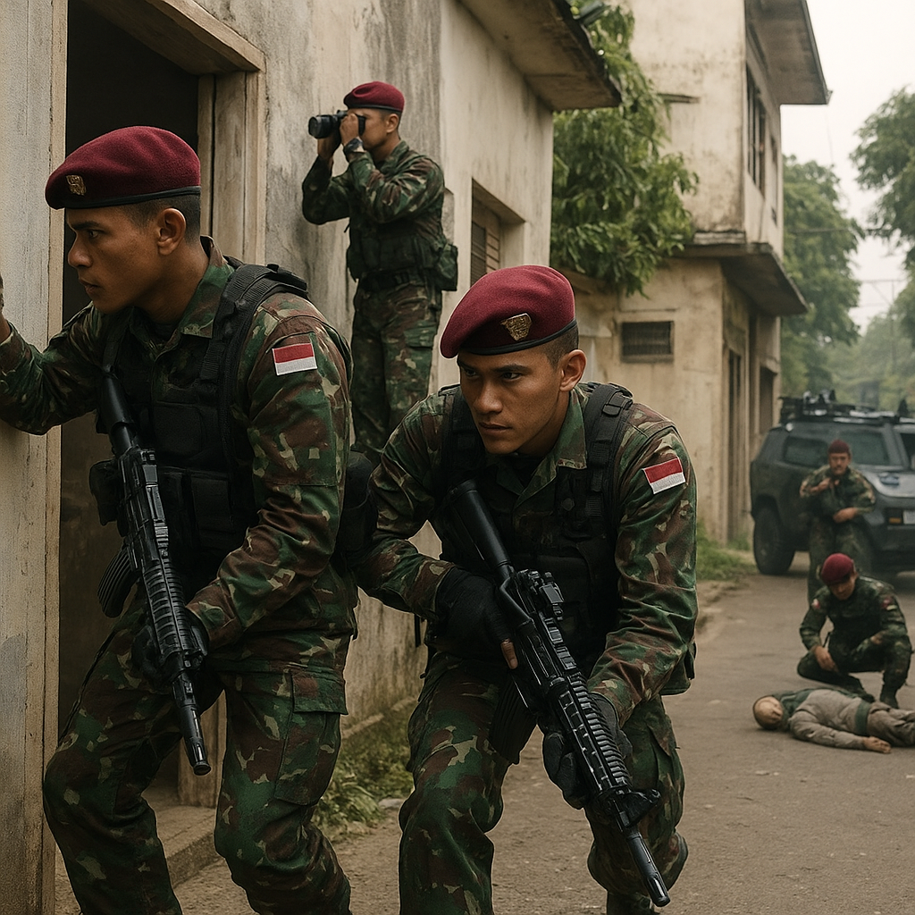 Latihan Taktik Operasi Urban Pasukan Kopassus di Simulasi Kota Tempur Jawa Barat